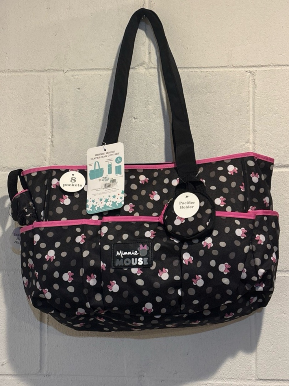 Disney Baby Minnie Mouse Diaper bag travel tote black pink hearts 4 piece set